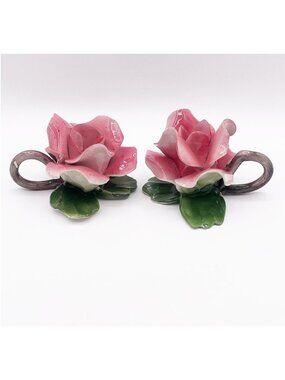 VTG Italian Capodimonte Pink Rose Finger Candle Holders Set of 2 In Original Box